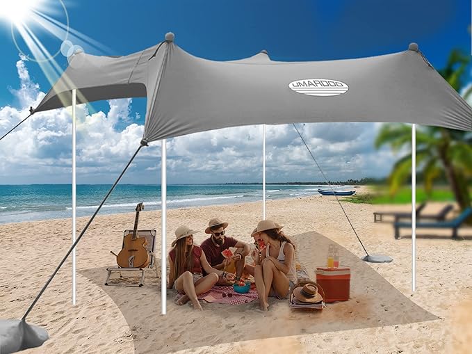 UMARDOO Family Beach Tent Canopy Sun Shade Portable, Large Compact Beach Sun Shelter Easy Setup with Packable Bag for Outdoor Travel (Grey, 10X10 FT. 4Poles)