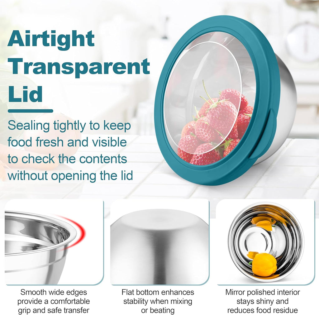 TeamFar Mixing Bowls, Stainless Steel Salad Serving Bowl with Clear Lids & 3 Graters, For Kitchen Cooking Prepping Storing, Size 4.6/2.6/1.5/1/0.7 QT, Nesting & Airtight, Set of 5 & Blue