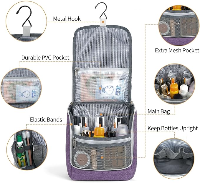 Della Gao Hanging Toiletry Bag for Women, Travel Toiletry Bags Makeup Bag Organizer, Water-resistant Cosmetic Bag for Essentials Accessories (Purple)