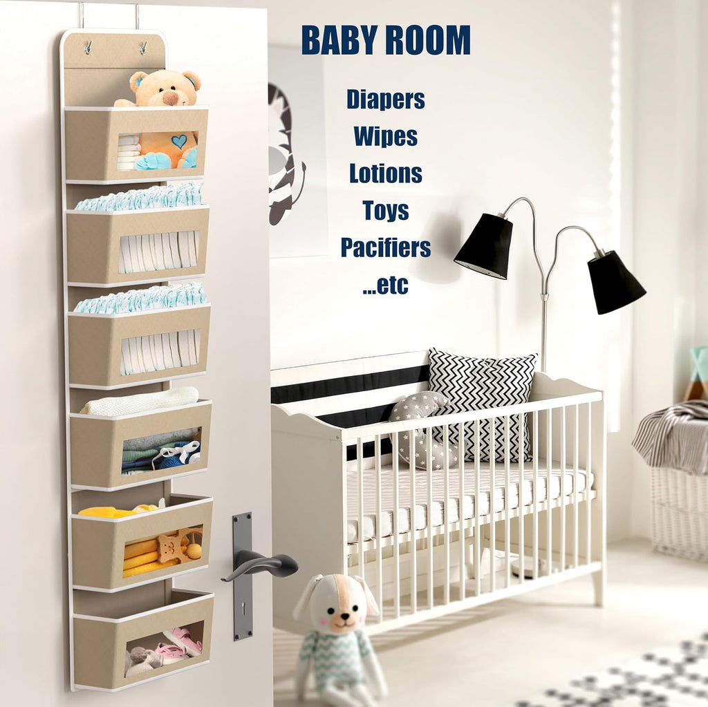 SIMPLE HOUSEWARE 6 Clear Window Pocket Over Closet Door Storage Hanging Organizer for Bedroom, Bathroom, Pantry, Beige