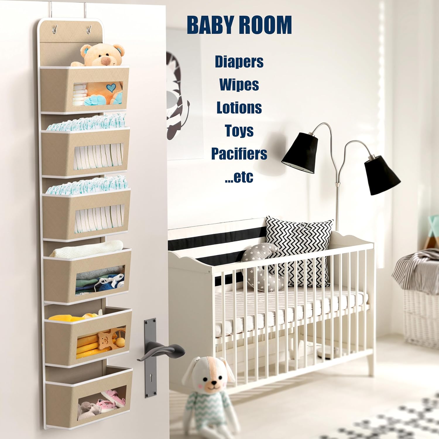 SIMPLE HOUSEWARE 6 Clear Window Pocket Over Closet Door Storage Hanging Organizer for Bedroom, Bathroom, Pantry, Beige