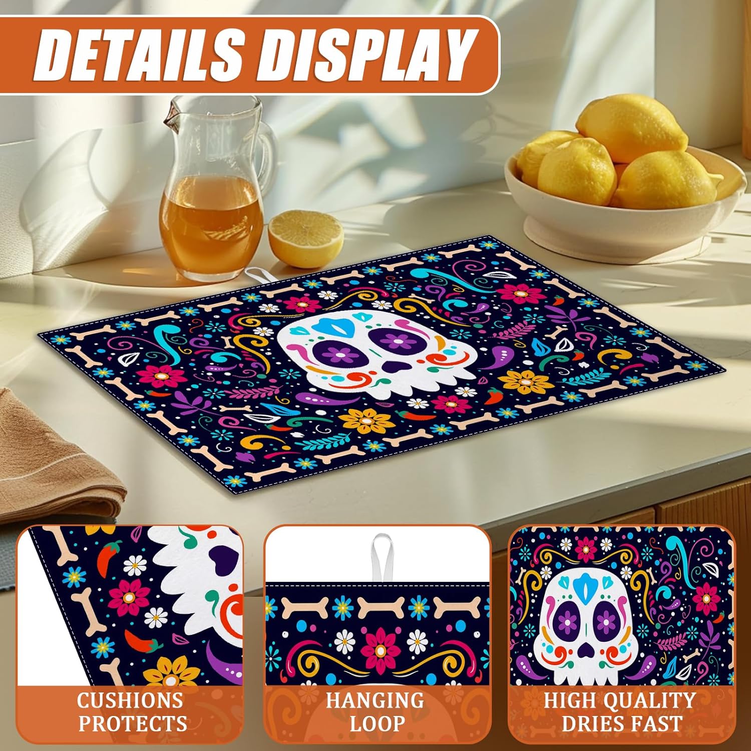 Sugar Skull Dish Drying Mat for Kitchen Counter Microfiber Absorbent Dish Day of the Dead Kitchen Drying Mat Draining Reusable Washable for Dishes/Utensils/Counterto