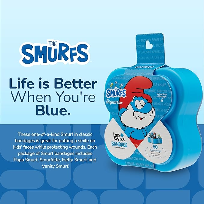 BioSwiss Bandages, The Smurfs Classic Shaped Self Adhesive Bandage, Latex Free Sterile Wound Care, Fun First Aid Kit Supplies for Kids and Adults, 50 Count Plastic Case