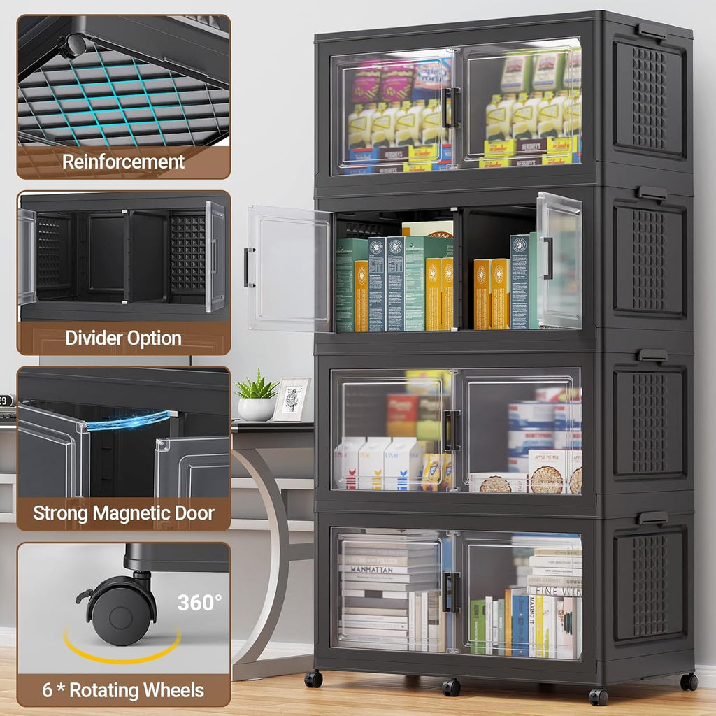 19.5" H 50Gal Plastic Storage Bin with Lid & Wheels,1Pack Extra Large Stackable Storage Bin with Divider,Closet Organizers and Storage Cabinet Shelves Collapsible Box for Home Kitchen,Black