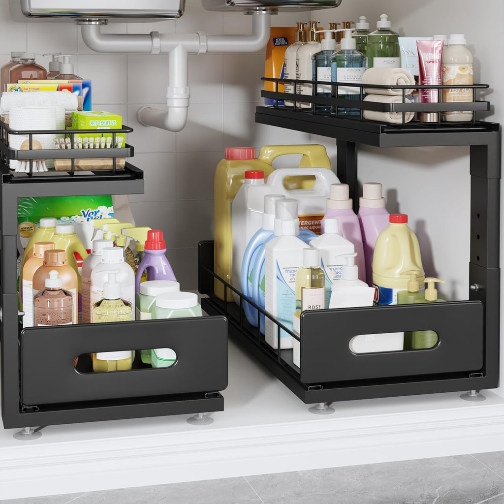 2 Pack 18 IN Depth Under Sink Organizer with Smooth Ball Bearing Slides,2-Tier Pull Out Cabinet Storage,Slide Out Drawers for Bathroom&Kitchen,Rust-resistant Coating,Height Adjustable-Black