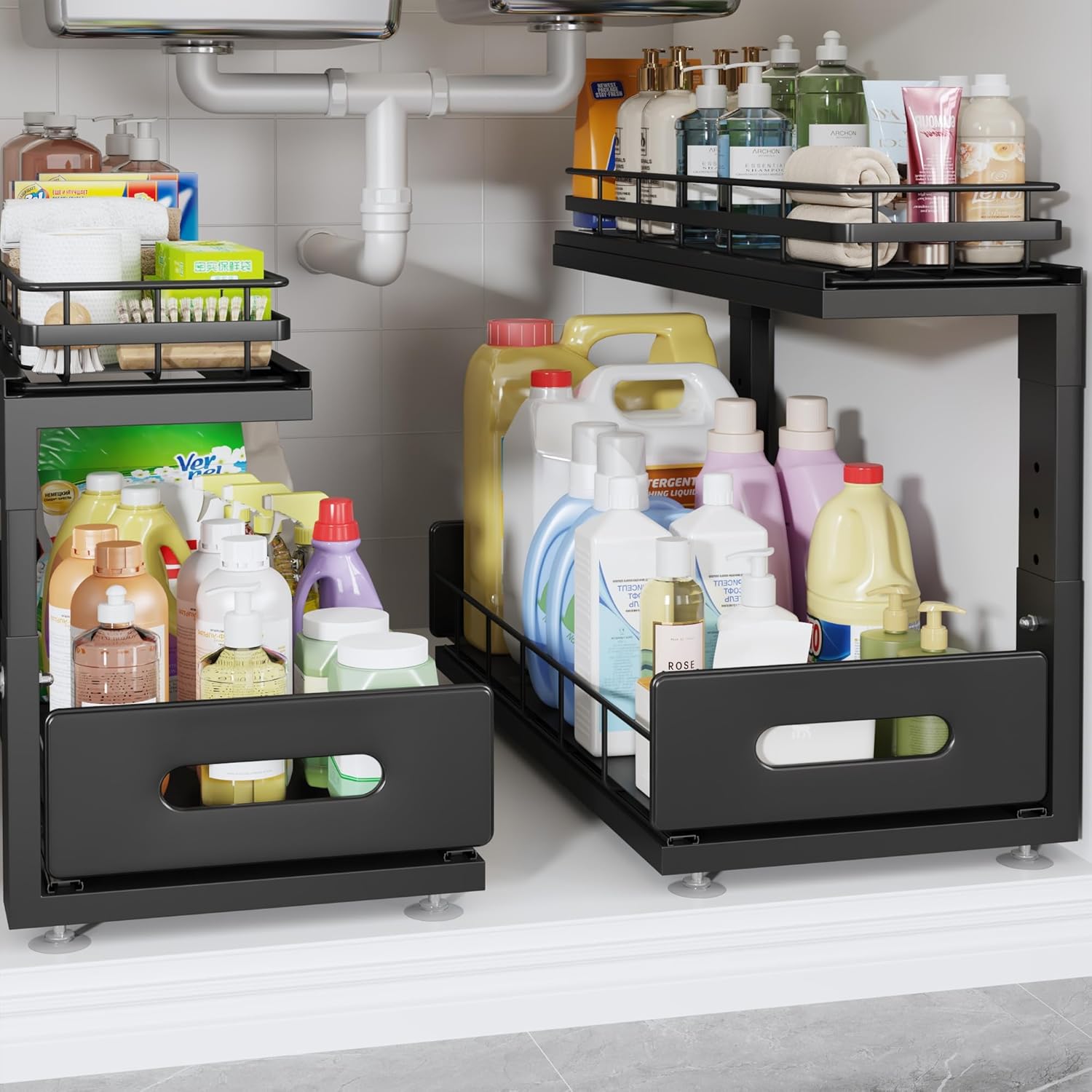 2 Pack 18 IN Depth Under Sink Organizer with Smooth Ball Bearing Slides,2-Tier Pull Out Cabinet Storage,Slide Out Drawers for Bathroom&Kitchen,Rust-resistant Coating,Height Adjustable-Black