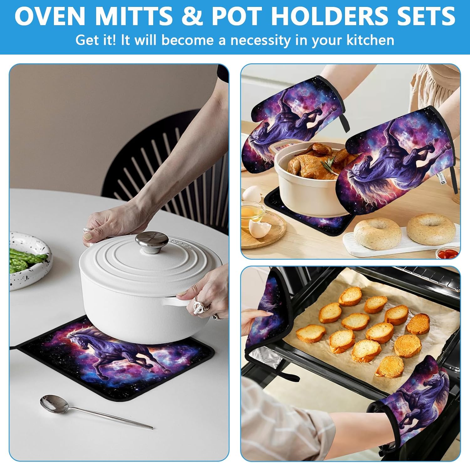 Horse Purple Galaxy Space Oven Mitts and Pot Holders Sets Heat Resistant 4Pcs Potholders Oven Gloves Hot Pads for Kitchen Baking Cooking Grilling BBQ