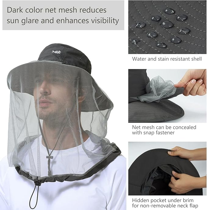 BASSDASH UPF 50+ Mosquito Sun Hat with Hidden Head Net and Neck Flap for Men Women Outdoor Fishing Hiking Camping FH16