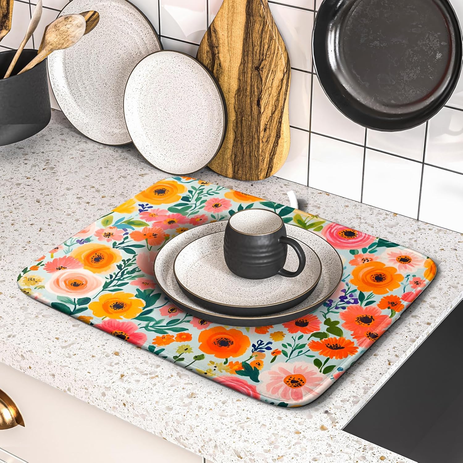 Spiral Flower Dish Drying Pad - Spring Bold Floral Printd Kitchen Countertop Cloth Pad for Home Decorative