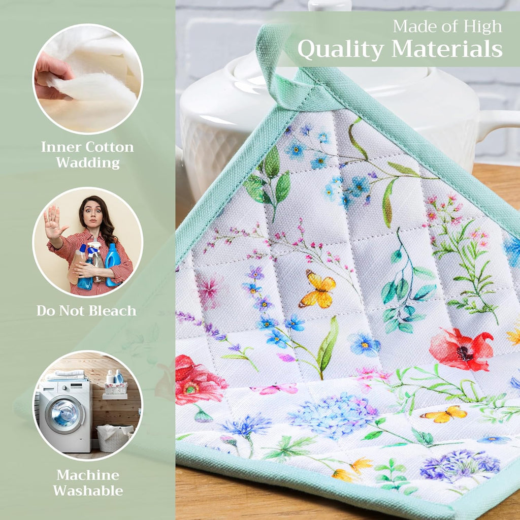 Maison d' Hermine Pot Holders Set 100% Cotton Heat Resistant Potholders 8" x 8" Hot Pads with Loop BBQ, Cooking, Baking, Grilling, Kitchen, Handling Hot Pans Spring/Summer (Pack of 2, Just Floral)