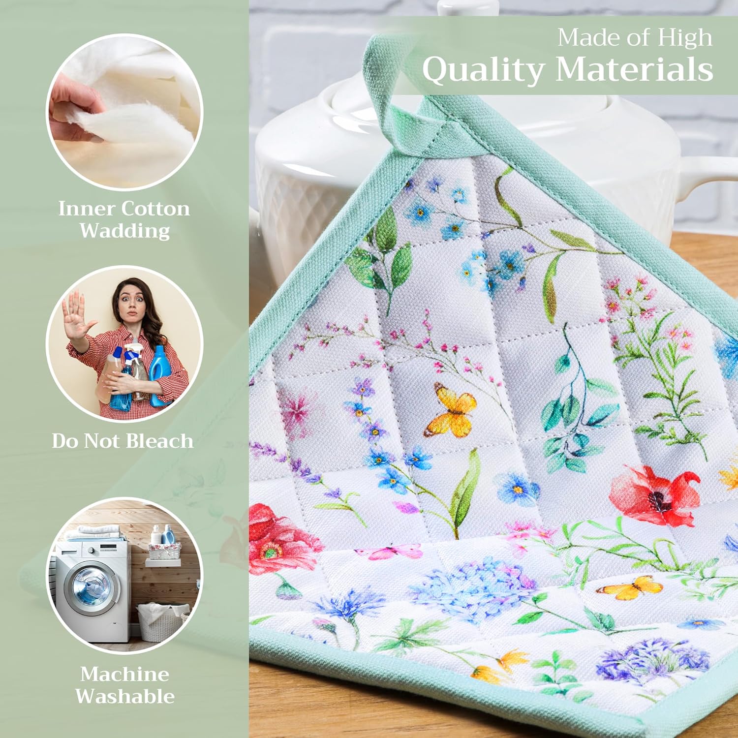 Maison d' Hermine Pot Holders Set 100% Cotton Heat Resistant Potholders 8" x 8" Hot Pads with Loop BBQ, Cooking, Baking, Grilling, Kitchen, Handling Hot Pans Spring/Summer (Pack of 2, Just Floral)