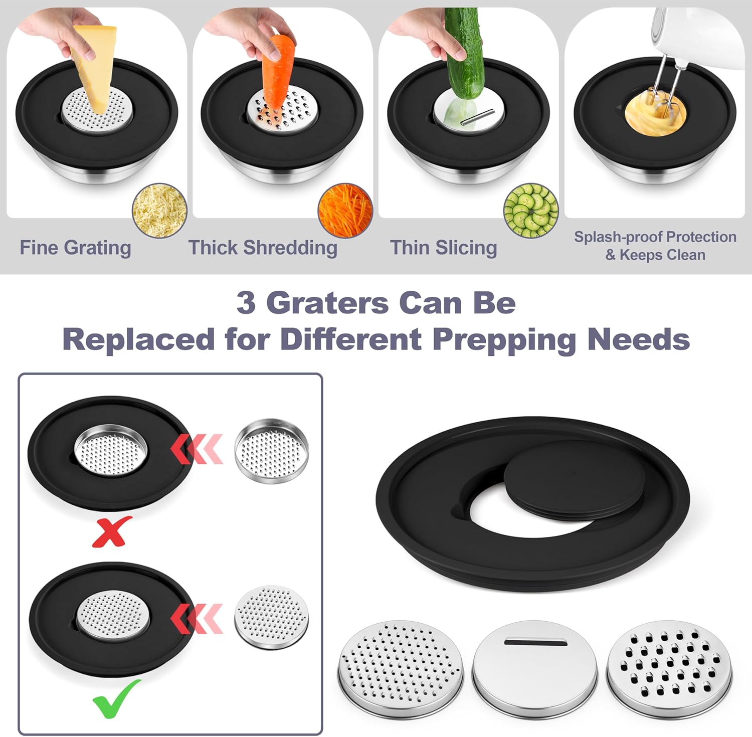 TeamFar Mixing Bowls, Stainless Steel Nesting Salad Bowl with Lids & 3 Graters, For Kitchen Cooking Serving Prepping, Airtight & Non-Slip, Size 4.6/3.5/2/1.5/1/0.7 QT, Set of 5 & Black