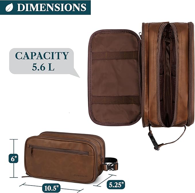 PAVILIA Toiletry Bag for Men, Travel Toiletries Bag | Water-resistant Dopp Kit, PU Leather Shaving Pouch Organizer for Accessories, Cosmetic, Hygiene, Grooming Essentials (Black)