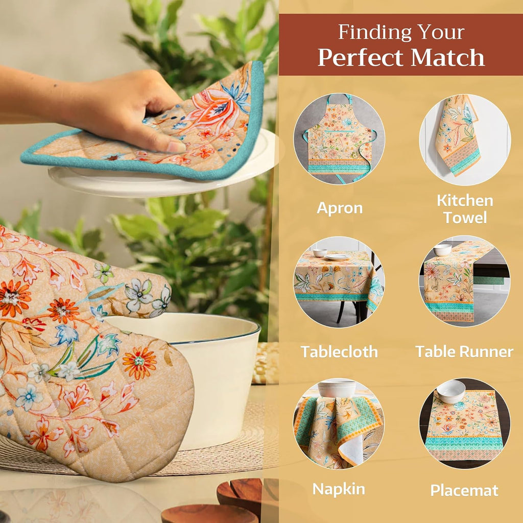 Maison d' Hermine Pot Holders Set 100% Cotton Heat Resistant Potholders 8" x 8" Hot Pads with Loop BBQ, Cooking, Grilling, Kitchen, Handling Hot Pans Spring/Summer (Pack of 2, Luxury Loft – Peach)