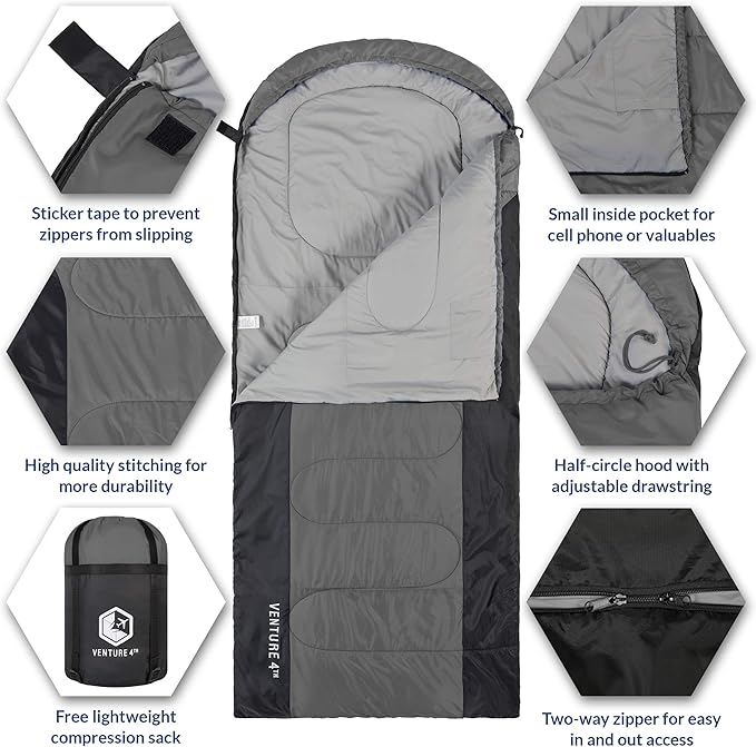 VENTURE 4TH Backpacking Sleeping Bag – XXL, Double and Single Sizes - Lightweight Warm & Cold Weather Sleeping Bags for Adults, Kids & Couples – Ideal for Hiking, Camping & Outdoor Adventures
