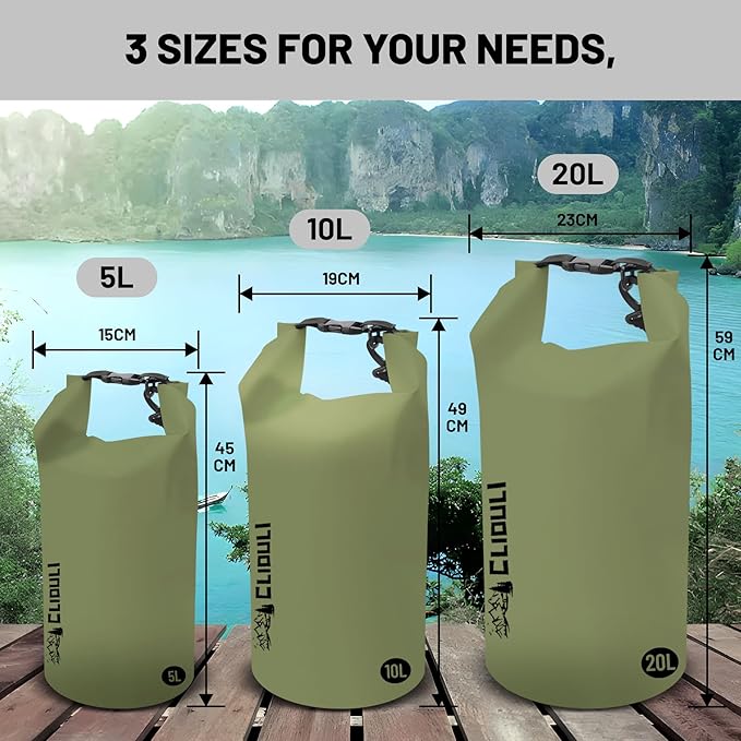 Waterproof Dry Bag,Roll Top Green Large Waterproof Backpack 2L/5L/10L/20L/30L/40L Floating Lightweight Bags for Kayaking, Boating, Fishing, Swimming Camping with Waterproof Phone Case