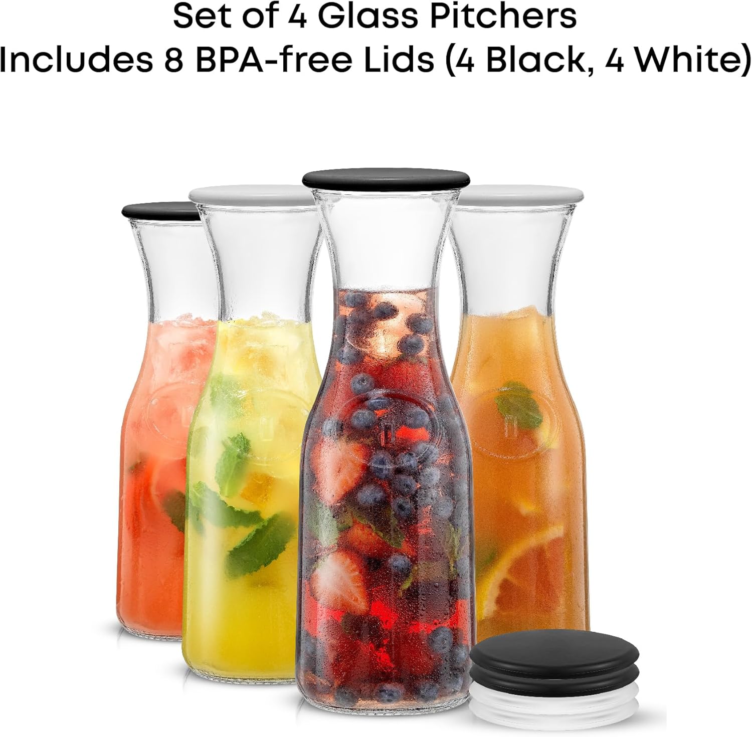 JoyJolt Glass Carafe with Lid, Set of 4 – 1 Liter Glass Pitcher for Mimosa Bar, Water, Iced Tea, Juice, Wine, Lemonade, Milk – Dishwasher Safe Beverage Drink Dispensers for Brunch, Parties