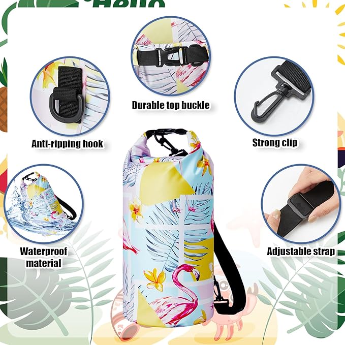 2 Pcs Waterproof Floating Dry Bag 10l Floating Dry Sack for Man Women Roll Top Waterproof Backpack for Rafting Boating Swimming Kayaking Hiking(Palm and Flamingos)