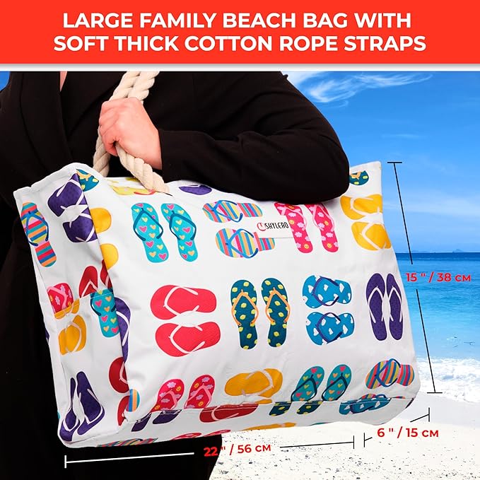 SHYLERO Beach Bag and Pool Bag. Has Airtight Pouch, Ton of Pockets. Beach Tote is Zippered, Water Resistant. Family Size