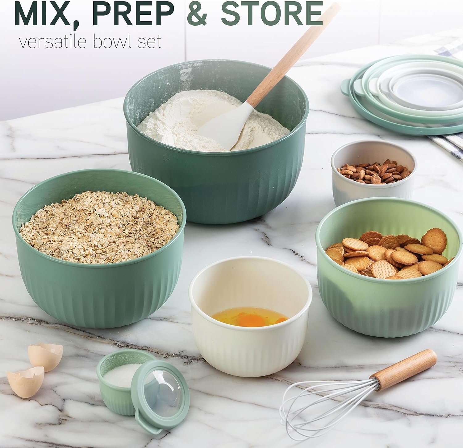 COOK WITH COLOR Prep Bowls with Lids- Wide and Deep Nesting Plastic Small Mixing Bowl Set with Lids, 12 Piece Set - Deep Bowls, Sage
