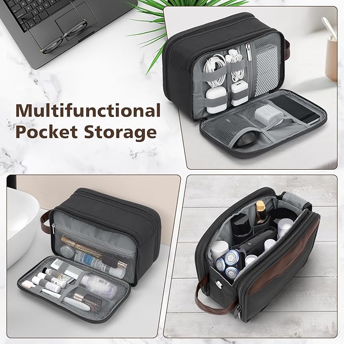 Wedama Toiletry Bag for Men, Medium Hanging Travel Toiletry Bag, Extra Electronic Organizer Bag Waterproof Shaving Bag for Toiletries with PU Handle for Travel Business Trips Swim Camping, Grey