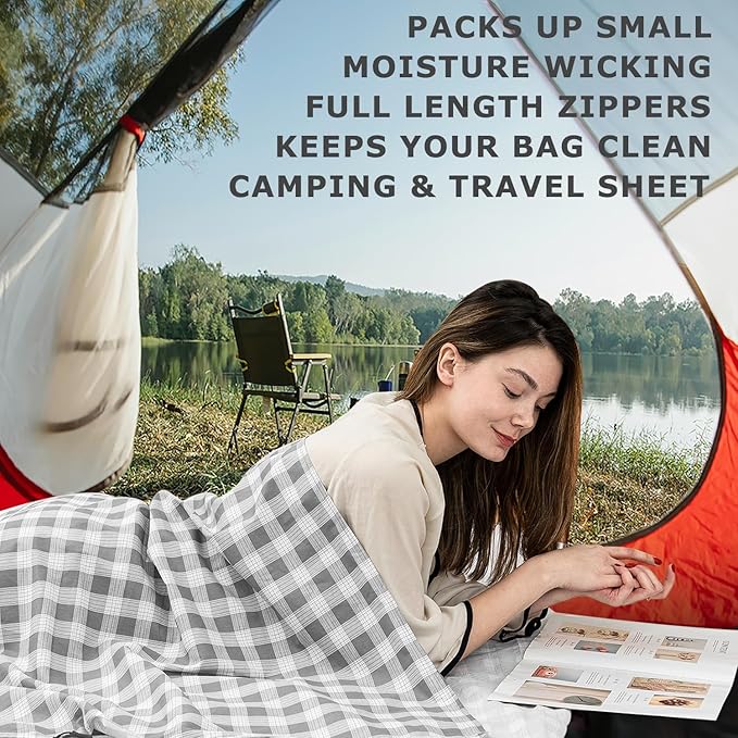 100% Cotton Sleeping Bag Liner with Full Length Zipper on 3 Sides; Single/Double Adult Sleep Sack for Travel & Camping, Multifunctional Travel Sheets (Unzipped 87”x87”) for Hotel, Lightweight