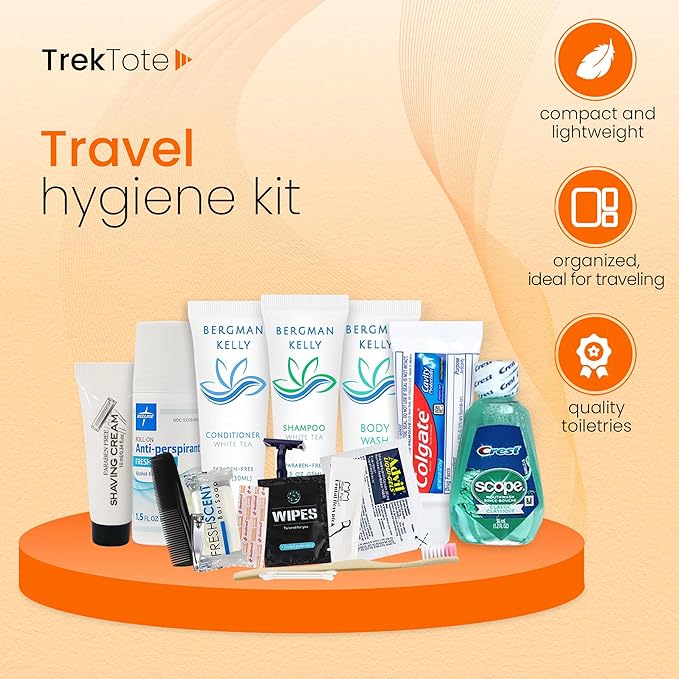 Trektote Travel Toiletry Kit For Men And Women – 20 Piece Set of Travel Size Toiletries, TSA Compliant, Includes Shampoo And Conditioner, Body Wash, Oral Care, Reusable Toiletry Bag & More