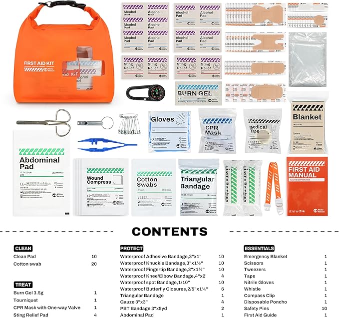 RHINO RESCUE Waterproof First Aid Kit, Lightweight Boat Dry Bag, Emergency Survival Supplies for Outdoor Kayak Floating Swimming & Camping (Orange)