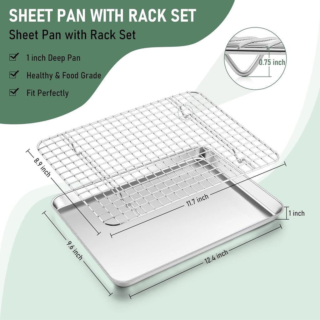 Quarter Sheet Pan with Wire Rack Set (2 Baking Sheets+2 Racks), Homikit Stainless Steel Baking Tray with Grid Cooling Rack for Toaster Oven Roasting, Metal Bacon Cookie Jelly Roll Pan, 12" x 10" Inch