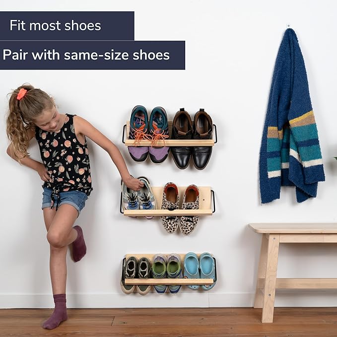 Wall Mounted Shoe Rack - A Wooden, Modern, Slim, and Small Shoe Storage Solution for Shoes and Boots in Narrow Spaces, entryways, or hallways. (20-in-Wide, Pack of 2)