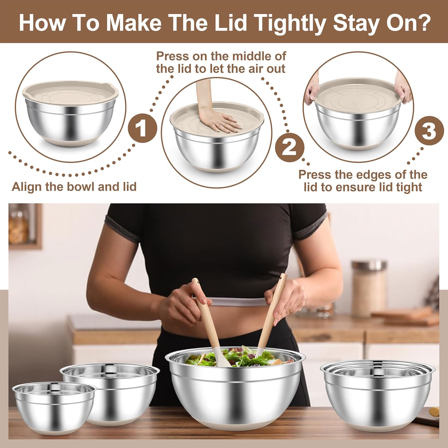 TeamFar Khaki Mixing Bowls, 6-Piece Stainless Steel Nesting Salad Bowls with Lid Set for Prepping Baking, Non-Toxic & Stackable, Air-Tight Lid & Non Slip Bottom, 4.6/2.6/2/1.5/1 / 0.7 QT