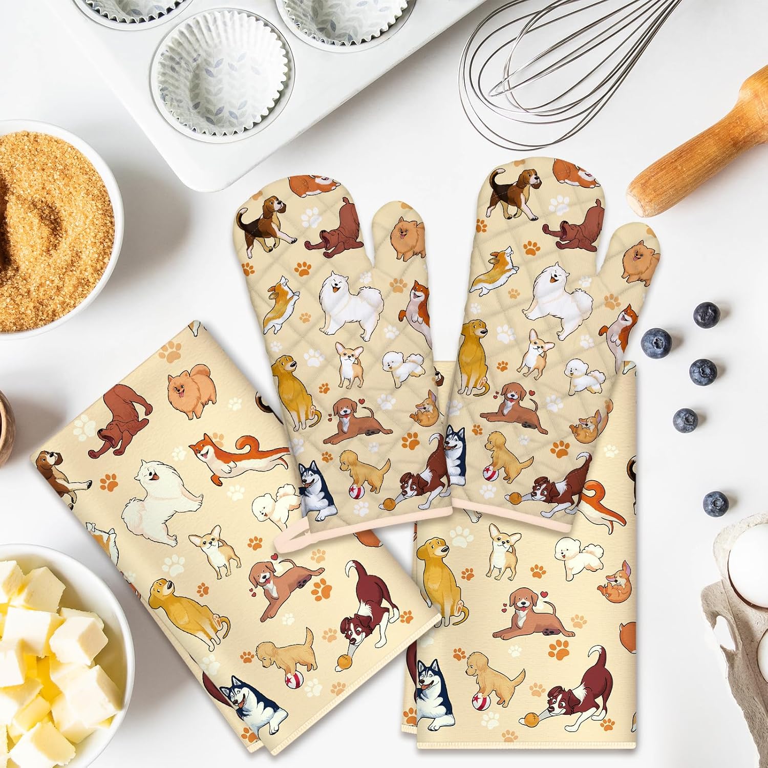 Cute Dogs Kitchen Towels and Oven Mitts Set 4Pcs, Soft Absorbent Dish Cloth Heat Resistant Oven Gloves for Cooking Baking Kitchen Decoration, Gifts for Her