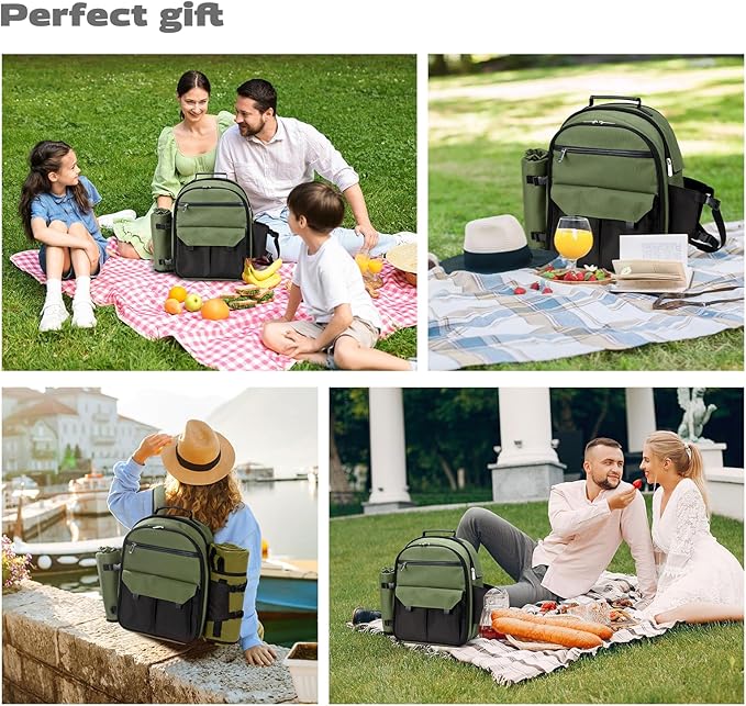 22L Insulated Picnic Basket Leak Proof Picnic Backpack for 2, Green Camping Gifts, Cool Bridal Shower Gifts for Bride and Groom, Mr and Mrs, Anniversary Engagement Wedding for Newly Engaged Couples