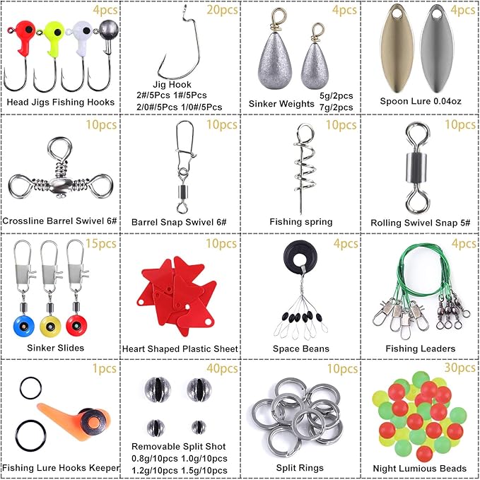 TOPFORT 187/343pcs Fishing Accessories Kit, Organized Fishing Tackle Box with Tackle Included, Fishing Hooks, Fishing Weights Sinkers, Fishing Gear and Equipment, Fishing Gift for Men