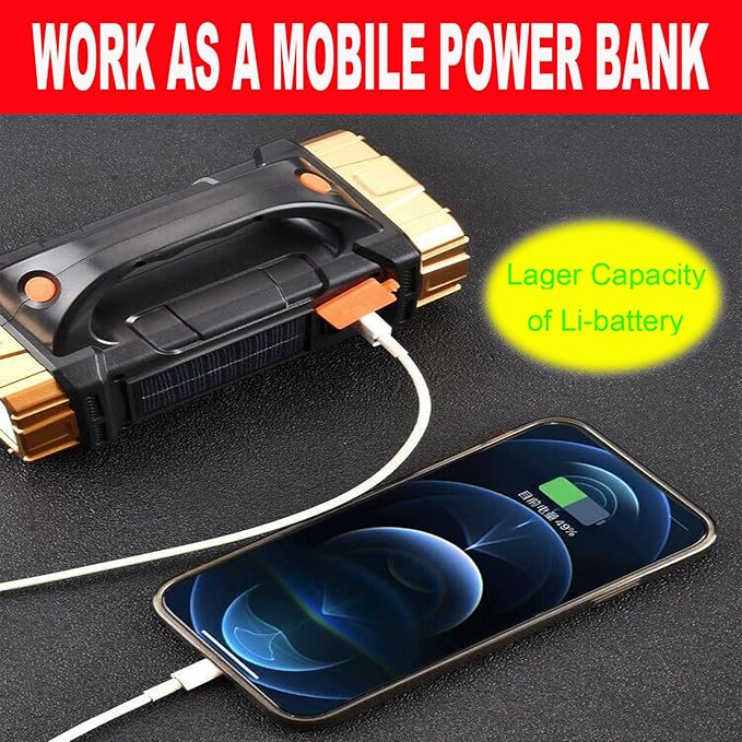 Solar Rechargeable LED Spotlight Searchlights, Super Bright 7000LM Handheld LED Searchlight, Multi-functional Portable Lamp Camping Lantern Flashlight, 8 Light Modes, Power Bank, IPX4 Waterproof