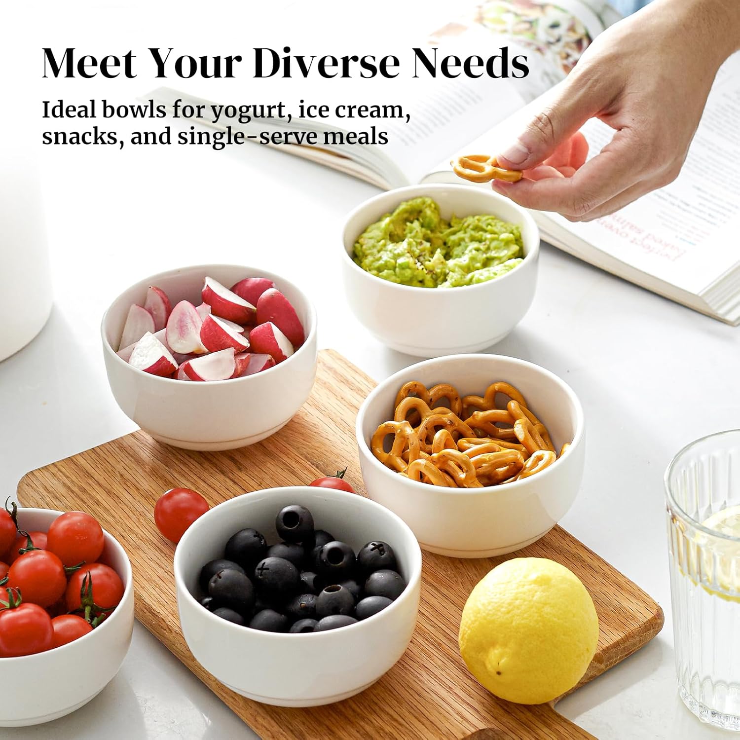 DOWAN 10 OZ Ice Cream Bowls - 4.25" Ceramic Dessert Bowl Set of 6 - Porcelain Small Bowls, Bouillon Cups for Side Dishes, Ice Cream, Oatmeal, Fruit, Portion Control - Dishwasher Microwave Safe