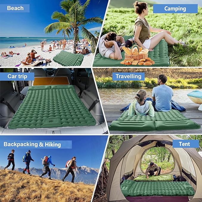 Double Sleeping Pad for Camping, Ultralight Camping Mattress with Pillow, Built-in Foot Pump, Thick Self-Inflatable 2-Person Portable Mat for Backpacking Hiking Car Traveling Beach Tent