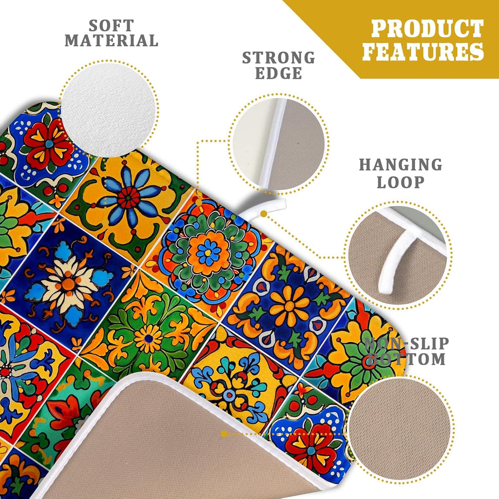 Mexican Tiles Dish Drying Mat for Kitchen Counter Absorbent Microfiber Dish Drying Pad Kitchen Gadgets Multi-use