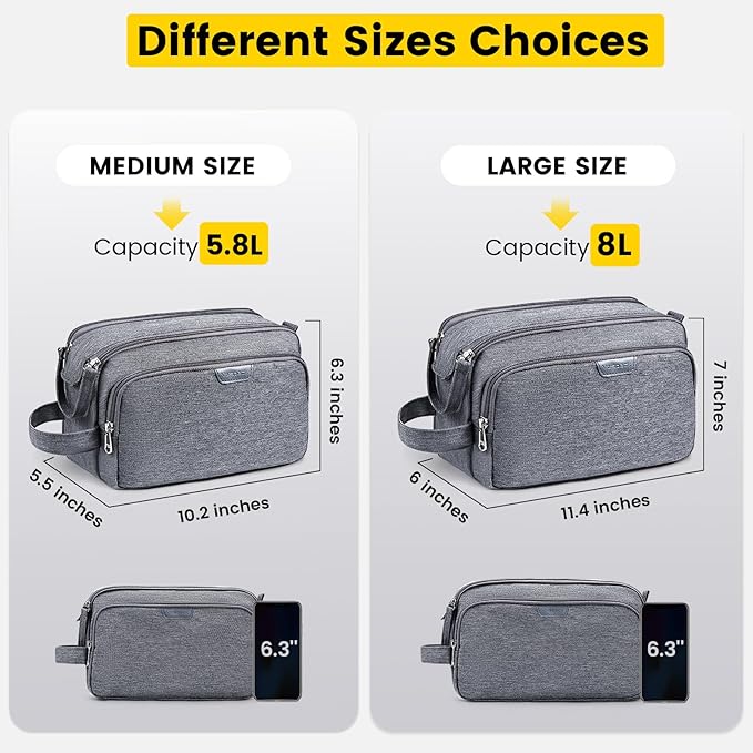 Vorspack Travel Toiletry Bag for Men - Large Mens Toiletry Travel Bag Water Resistant Dopp Kit Shaving Bag for Bathroom Toiletries Gifts - Grey