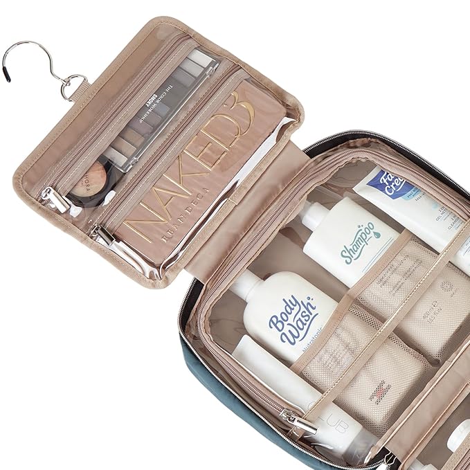 NISHEL Travel Toiletry Bag for women, Portable Hanging Organizer for Full-Sized Shampoo, Conditioner, Brushes Set, Makeup Accessories, Large Size, Lake-Blue