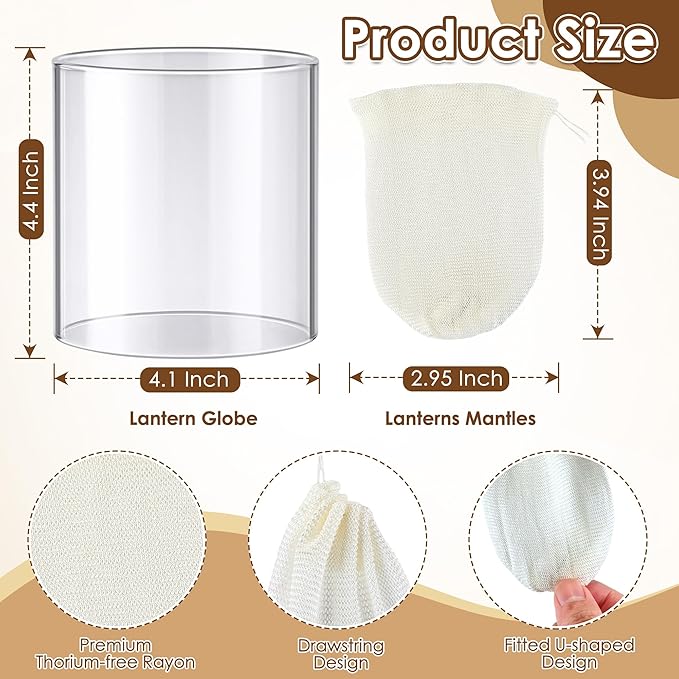 11 Pcs Propane Lantern Mantles with Glass Replacement Globe, Standard Lantern Replacement Parts U Shape & Mantles, Camp Lamp Mantle Compatible with Coleman Fuel Lamp for Outdoor Camping