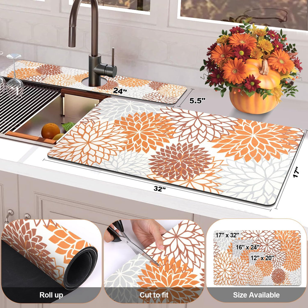 Findosom 2PCS 17" x 32" Dish Drying Mat & 24" x 5.5" Sink Splash Guard, Super Absorbent & Cuttable Dish Mat Drying Kitchen Mat with Orange Floral, Hide Stain Drying Mat for Kitchen Counter