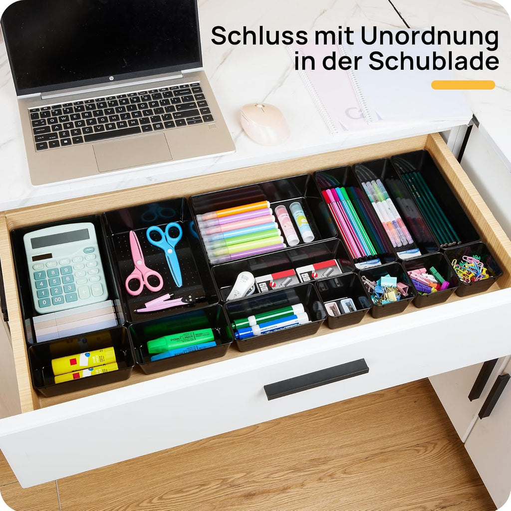 Vtopmart 25 PCS Office Desk Drawer Organizers Set, 4-Size Versatile Plastic Drawer Organizer Trays, Storage Bins for Desk Accessories Office Organizers and Storage, Bathroom, Makeup, Vanity, Black