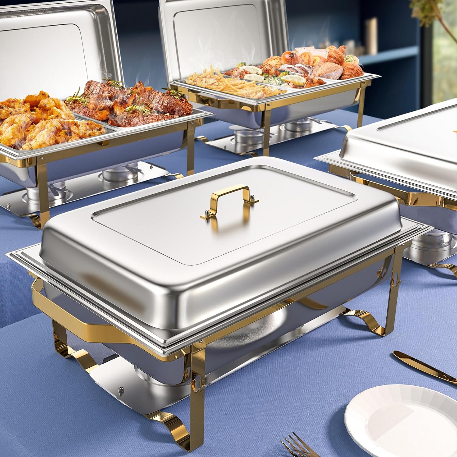 SIOTMERA 9QT Chafing Dishes for Buffet 4 Pack, Multiple Food Pans Thickened Stable Stainless Steel Chafing Dish Buffet Set, Rolled Edge Design Food Warmers for Party Catering Weddings, Gold and Silver