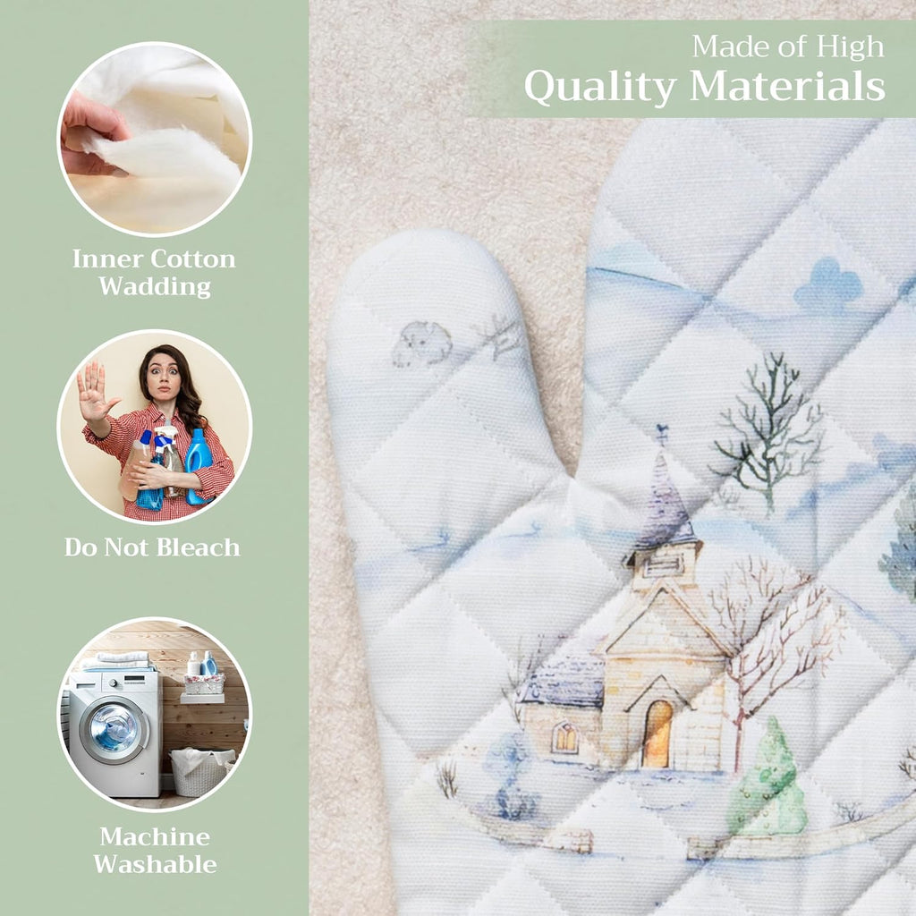 Maison d' Hermine Oven Gloves 100% Cotton Oven Mitt 7" x 13" with Loop Heat Resistant, BBQ, Cooking Gloves, Baking, Grilling, Kitchen, Handling Hot Pans (Pack of 1, Snowy World)