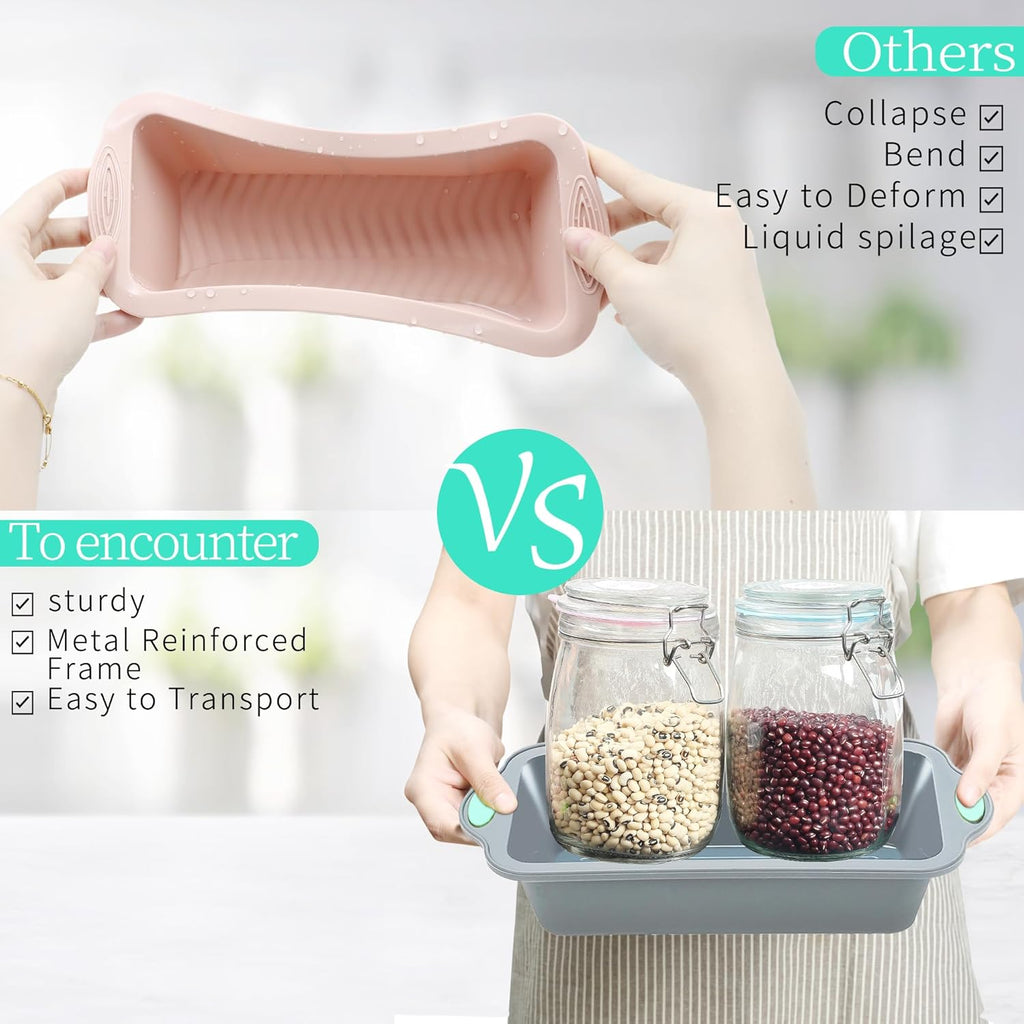 To encounter 9 Inch Silicone Bread and Loaf Pan, 2 Pack Food Grade Nonstick Silicone Molds for Baking Banana Bread, Meat Loaf, Pound Cake, with Metal Reinforced Frame More Strength