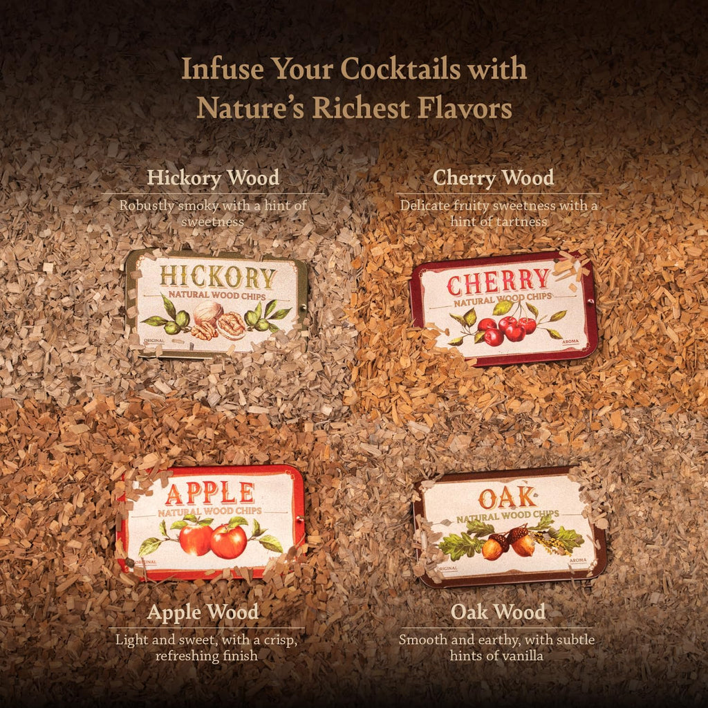 Cocktail Whiskey Smoker Kit with Torch, Wooden Box & Stand | Premium USA Walnut Smoker & 4 Flavors Natural Wood Chips | Old Fashioned Smoker Kit | Bourbon Gifts for Men