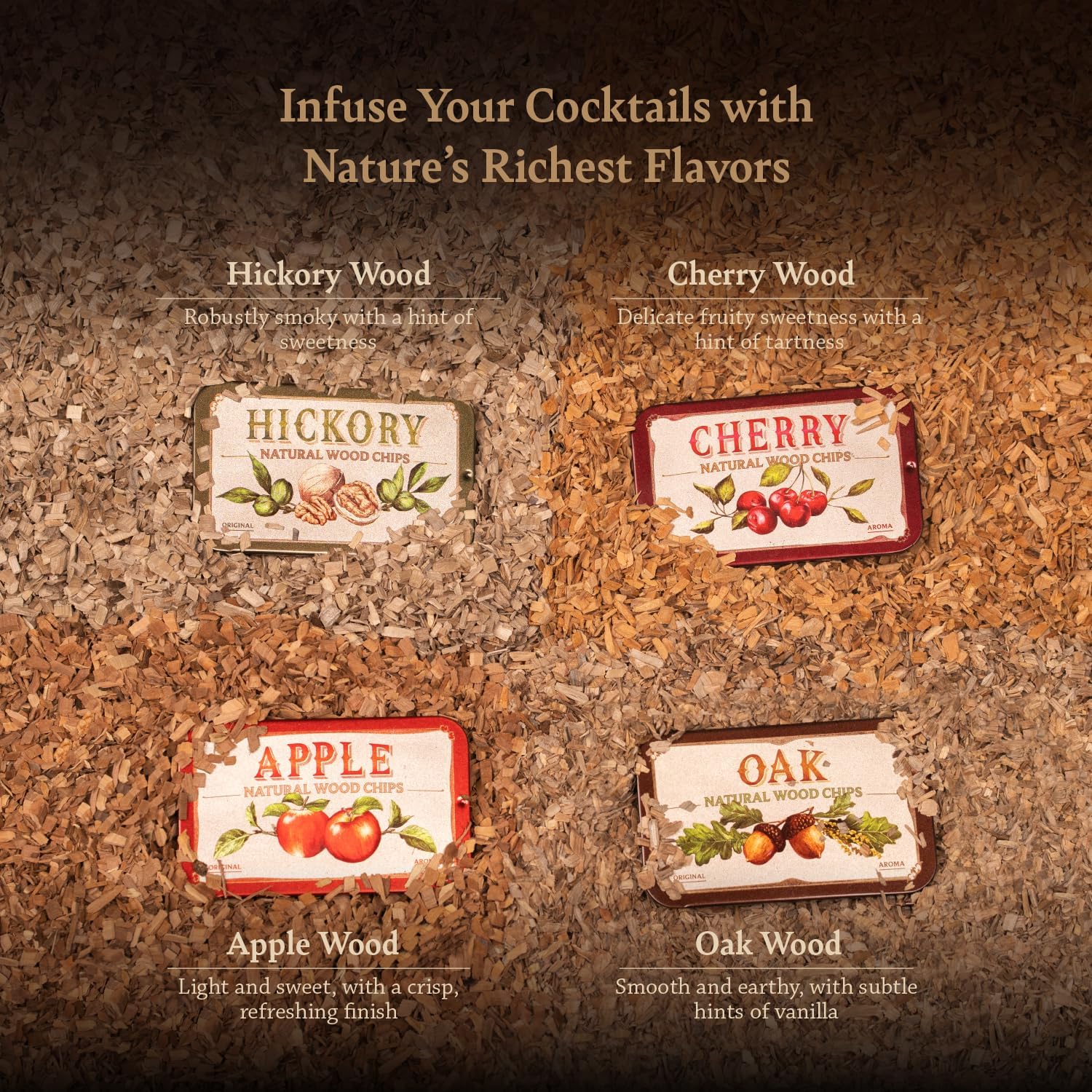 Cocktail Whiskey Smoker Kit with Torch, Wooden Box & Stand | Premium USA Walnut Smoker & 4 Flavors Natural Wood Chips | Old Fashioned Smoker Kit | Bourbon Gifts for Men