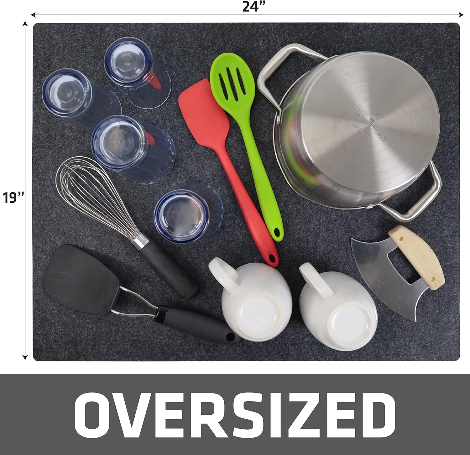 Drymate XL Dish Drying Mat, Oversized (19”x24”), Low-Profile, Super Absorbent, Quick Dry Fabric, Waterproof & Slip-Resistant, for Kitchen Counter, Trimmable, Easy to Clean (USA Made)(Charcoal)