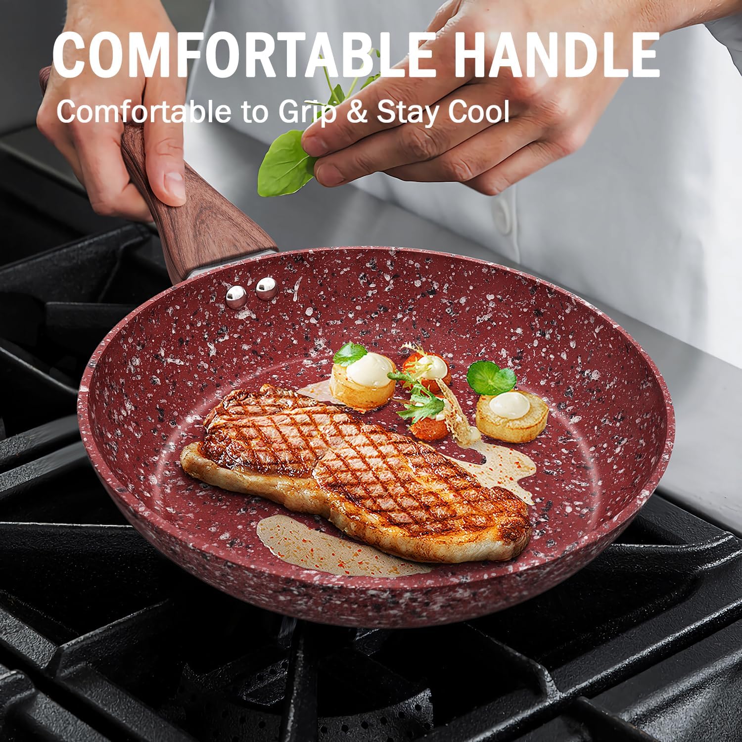 KOCH SYSTEME CS 12" Red Granite Non-Stick Frying Pan with Lid, Classic Pans with Non-toxic Nonstick Coating, Aluminum Skillet with Heat-resistant Bakelite Handle, Induction Compatible Frying Pan